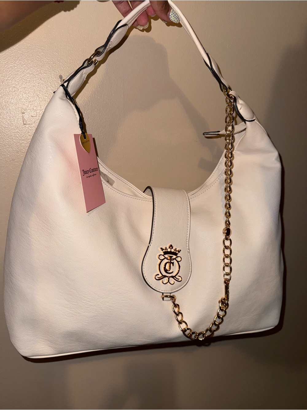 Juicy Couture Royal Crest hobo bag with gold chain in soft white #luxury